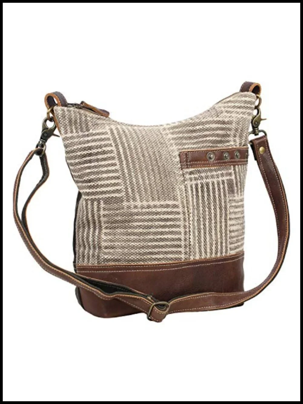 Canvas Bucket Purse with Genuine Leather Detailing, Boho Shoulder Bag